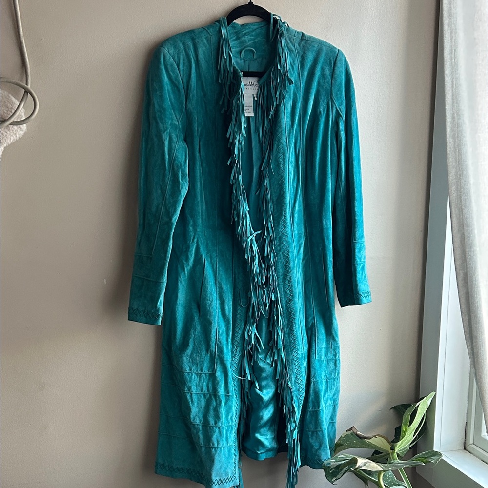 Vintage Pamela McCoy Teal Suede Jacket with Fringe